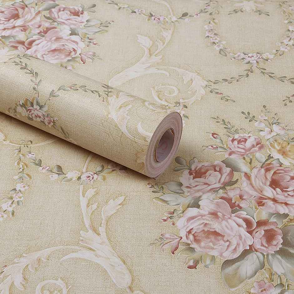 Wollzo Golden Floral Wallpaper Self Adhesive Peel and Stick Wall Decor 45 x 500 cm