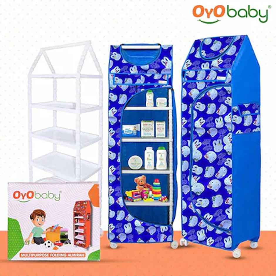 Oyo Baby Multipurpose 6 Shelves Durable Foldable Almirah Cartoon Printed Cover Blue Wardrobe