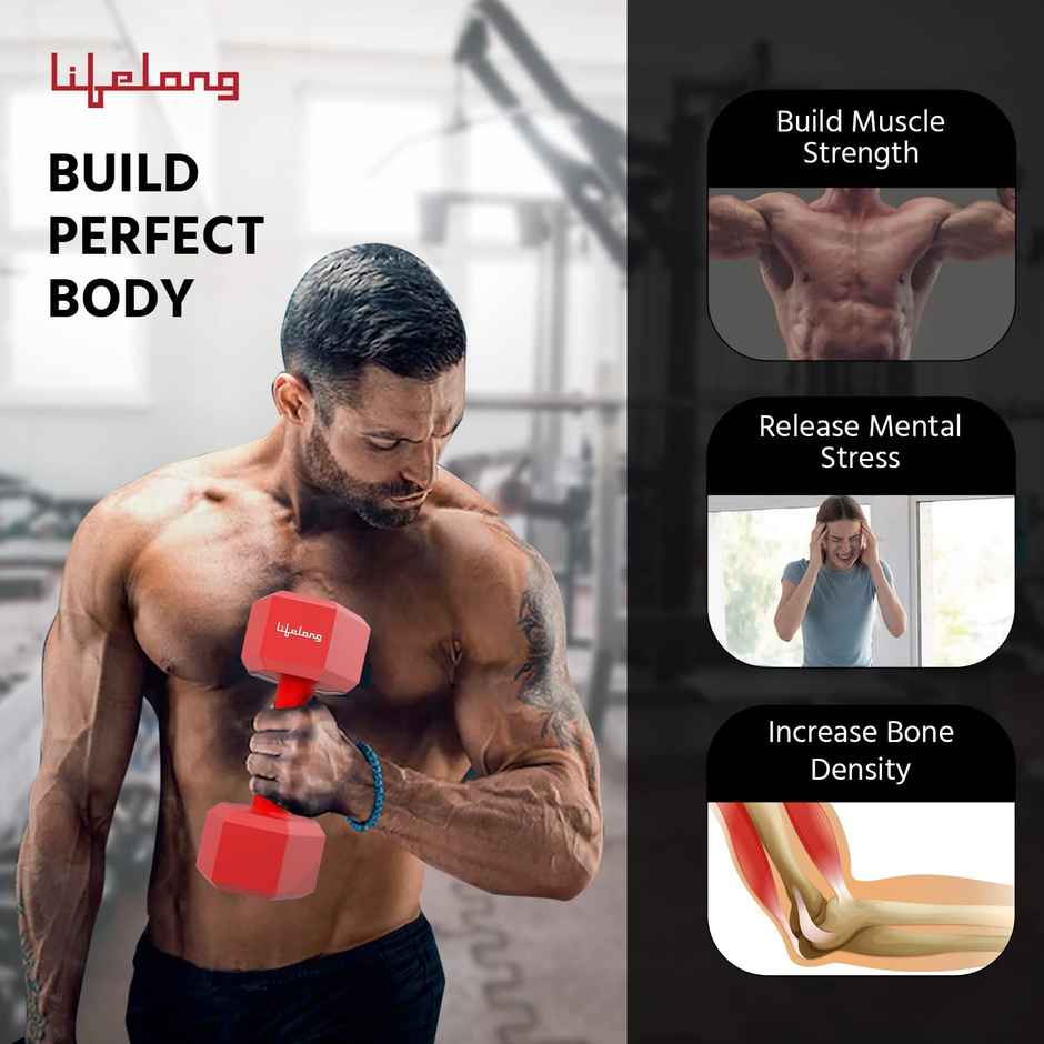 Lifelong PVC Hex Fixed Dumbbells | 1 kg | Red Color | Home Gym | Fitness Barbell | Home Workout