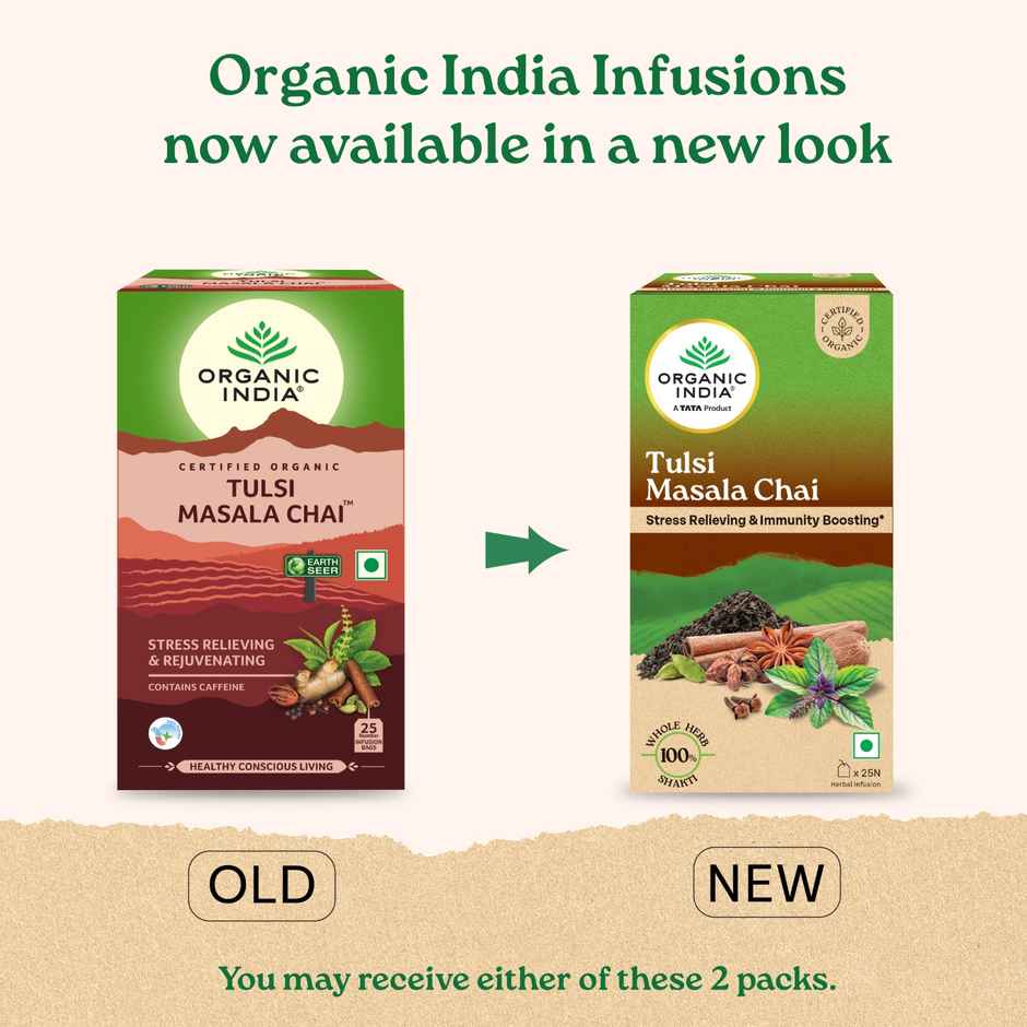 A TATA Product - Organic India Tulsi Masala Chai, 25 Tea Bags, Unbleached Filter Paper Tea Bags