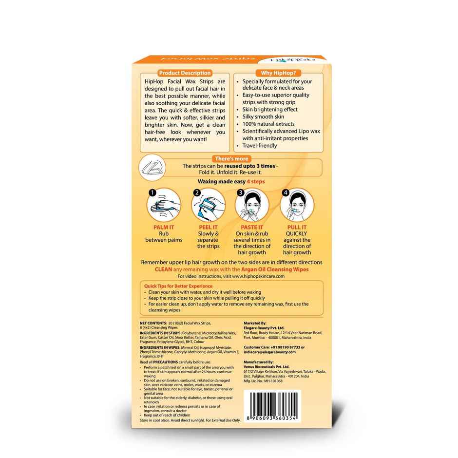 HipHop Skincare Facial Wax Strips for Normal to Sensitive Skin, For Instant Hair Removal