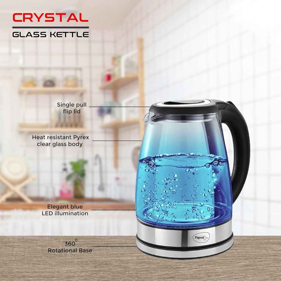 Pigeon  by Stovekraft Crystal Glass 1500 Watt Electric Kettle, 1.8 litre with LED Illumination, Heat Resistant, Auto Shutt off - Silver