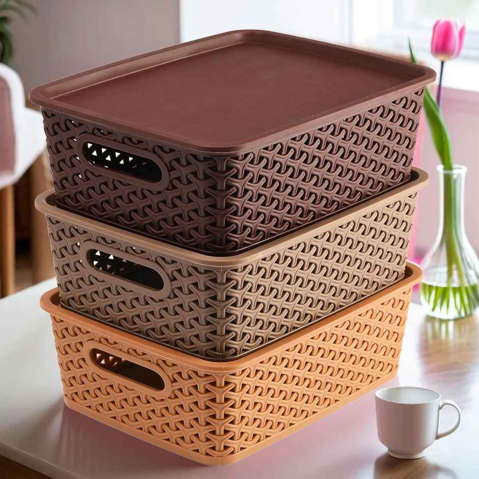 Kuber Industries Plastic Pack of 3 Medium Multipurpose Solitaire Storage Basket with Lid|Assorted