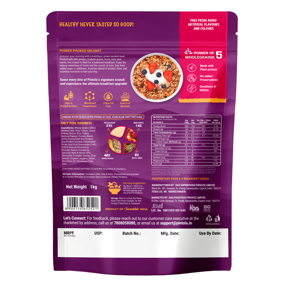 Pintola 24G High Protein Muesli - Fruit & Nut | Gluten-Free - Naturally Sweetened