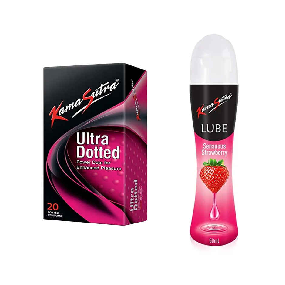 Kama Sutra Ultra Dotted Condoms(20pc) & Kama Sutra Personal Lube Strawberry(50ml) Combo