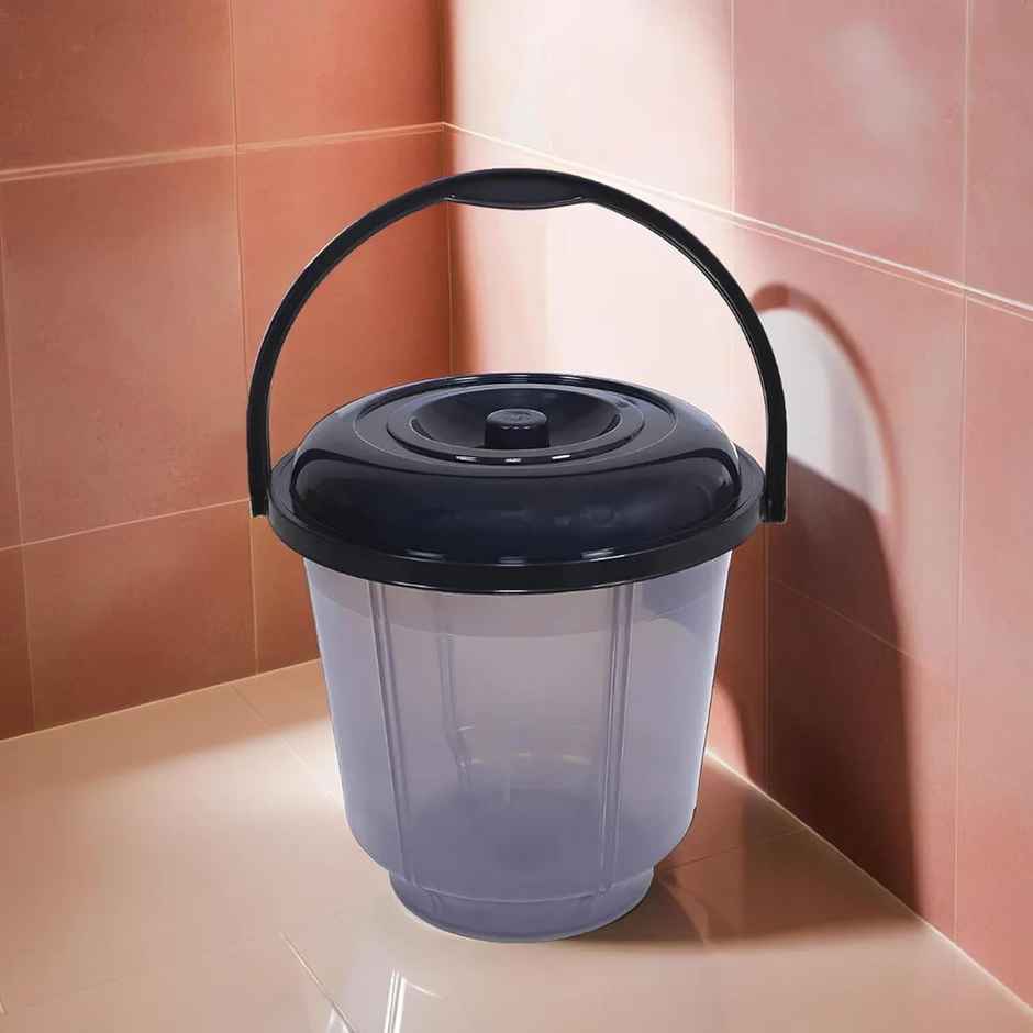 Kuber Industries 13 L Colorful Plastic Bucket with Lid & Handle for Bathroom | Home Use (Black)