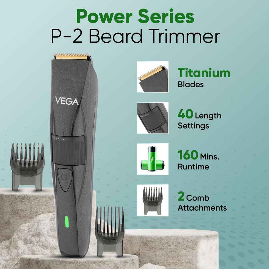 VEGA P-2 Beard Trimmer for Men with 160 Min Runtime, 2 Comb Attachment, Type-C Fast Charging VHTH-26