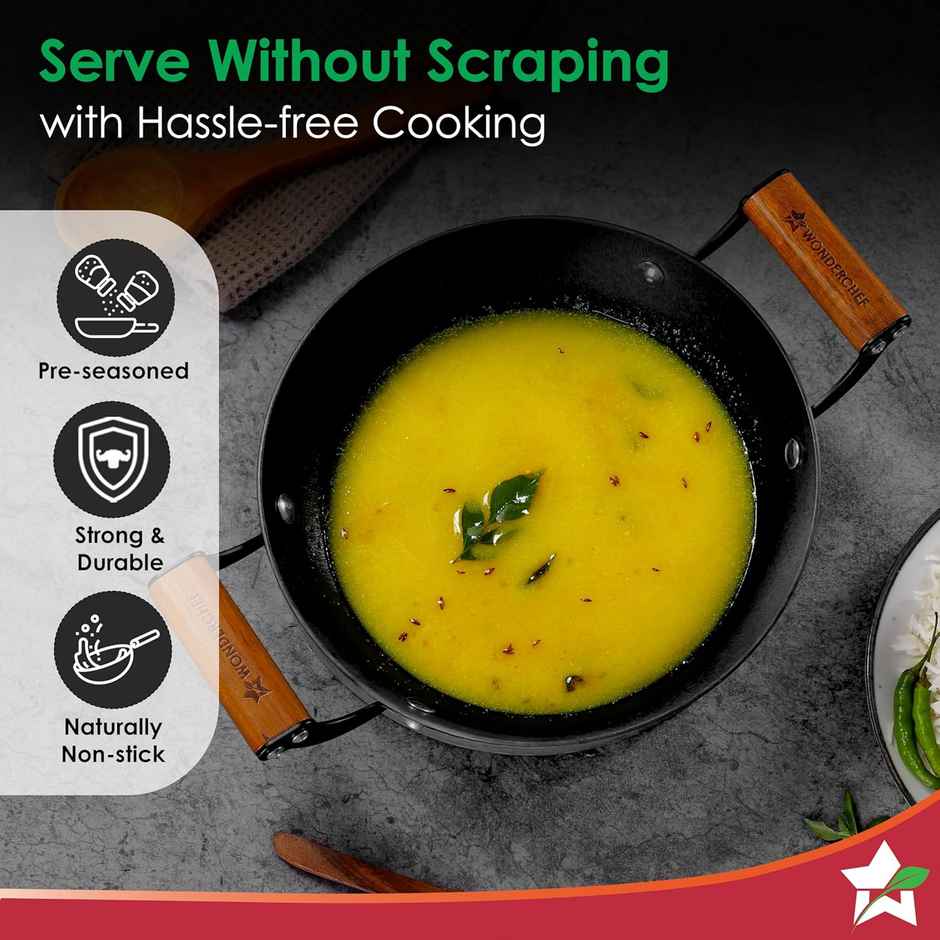 Wonderchef Pre-Seasoned Ferro Light 24Cm Kadhai | 2.3L | Acacia Wooden Handles