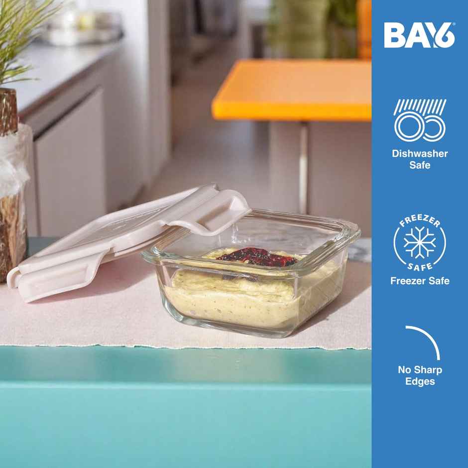 BAY6 Premium Small Borosilicate Glass Container with Lid 160 ml - Square - Beige