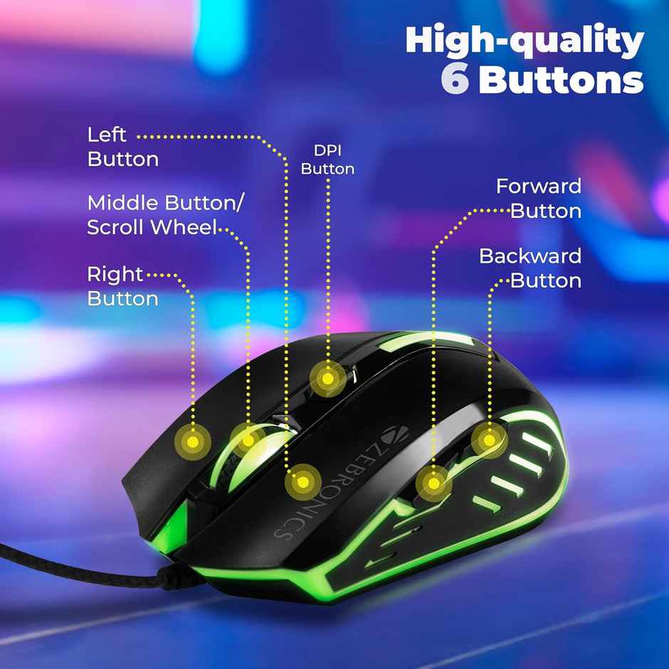 ZEBRONICS Sniper High Precision Wired Gaming Mouse with 6 Buttons, Multicolor LED Lights, DPI Switch with 800/1200/1600/2400 DPI s, Plug & Play, 1 Million Clicks, 87 Grams Light Mouse