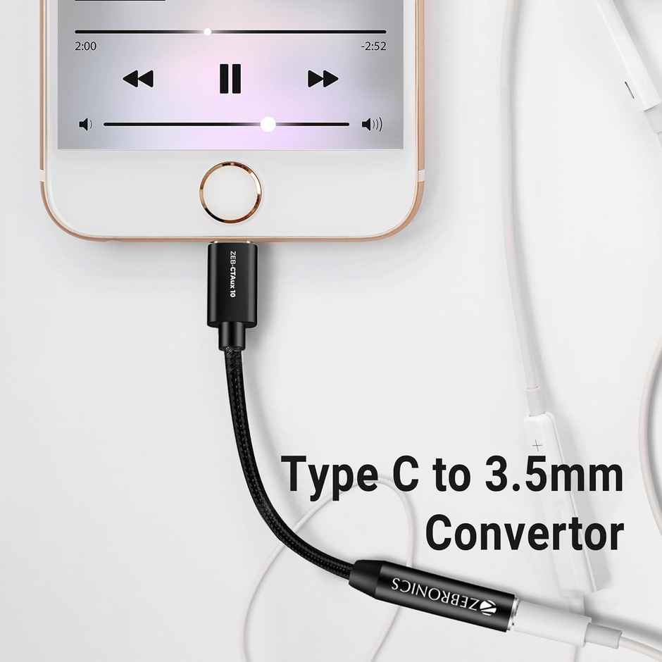 Zebronics CTAux10 Type C to 3.5mm Converter, Built-in DAC Chip, Supports Mic & Audio, Metal Body, Braided Cable, for iPhone 16 series, 15 series, Samsung, Android & Type C Smartphones, Tablets, Laptop - Black