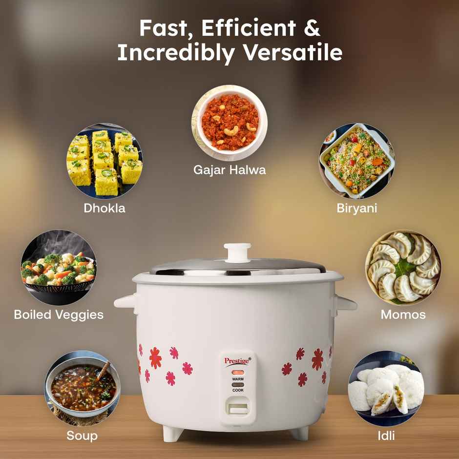 Prestige 1.8L Delight Electric Rice Cooker, 700 Watts, Cool Touch Handles, 1Y Warranty, White & Grey
