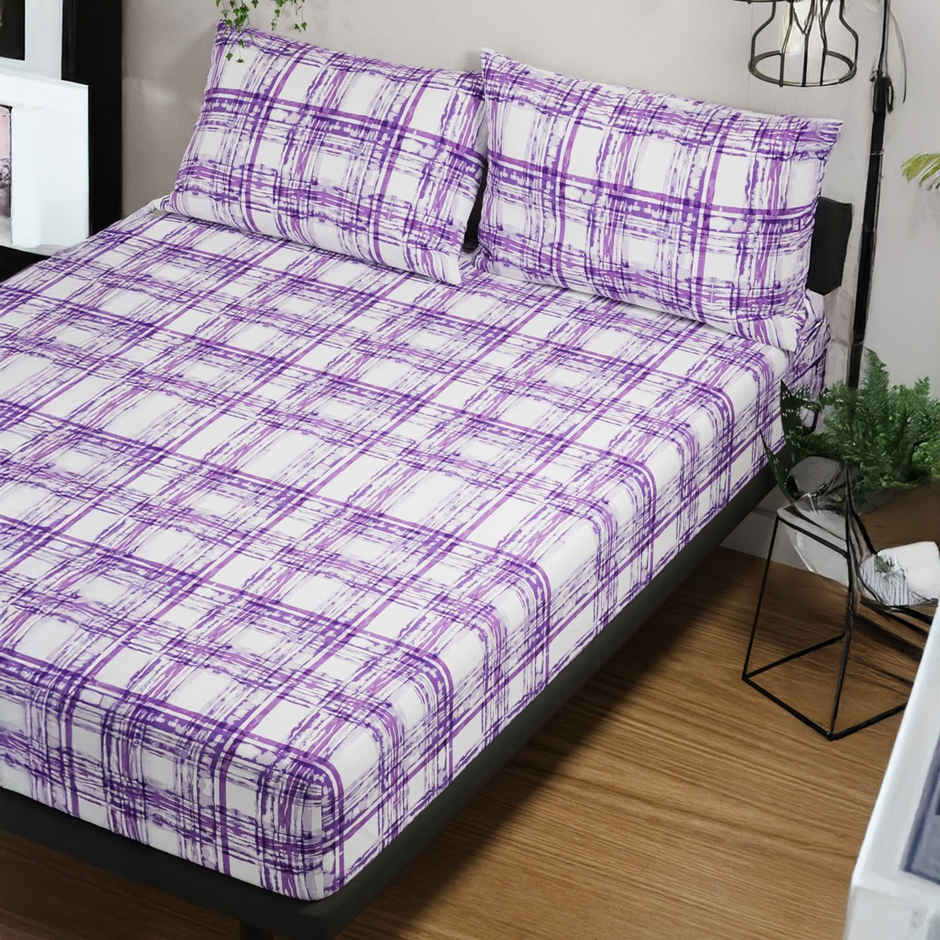 Bianca 100% Pure Cotton Double Bedsheet With 2 Pillow Covers | Set of 3 | Platinum Checks | Violet