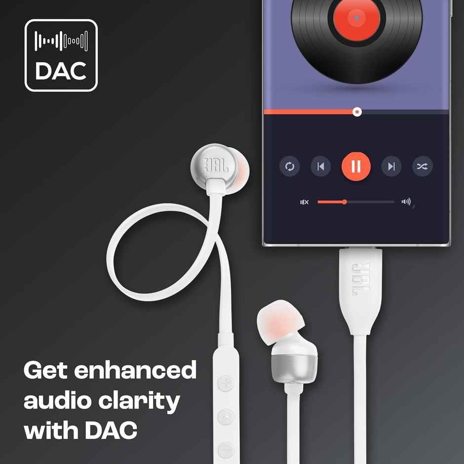 JBL Tune 310 Wired In-Ear Type C Headphones, Hi-Res Audio With Digital-To-Analog Converter (White)