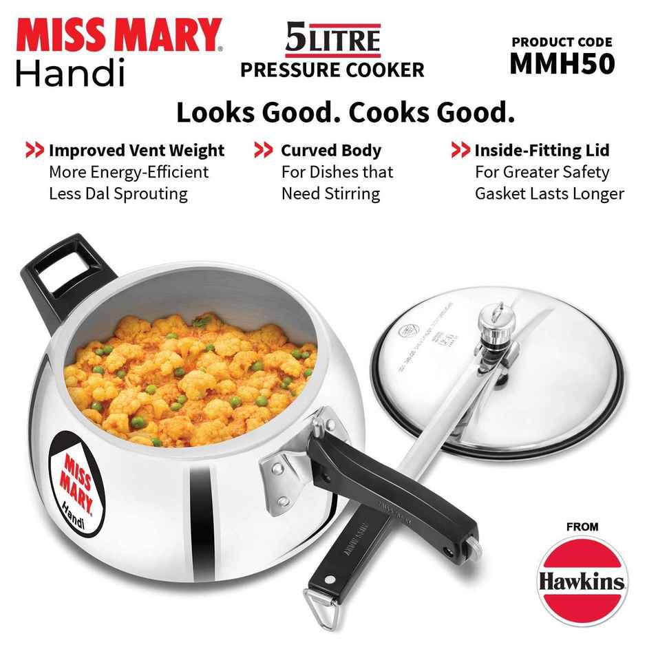 Hawkins 5 Litre Miss Mary Handi Pressure Cooker Inner Lid Cooker - Silver