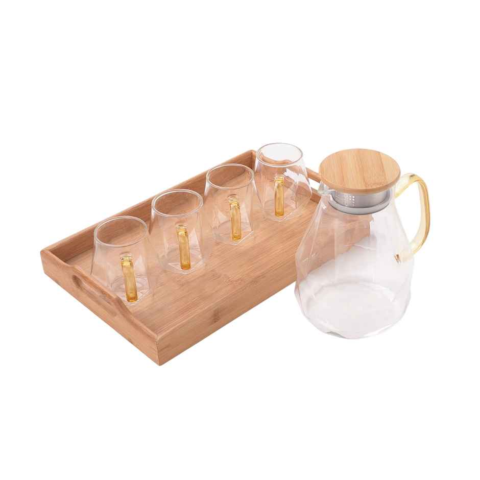 Umai Borosilicate Glass Water Jug With Lid (2000 ml), 4 Cups (340 ml) & Tray | Glass Jug For Water