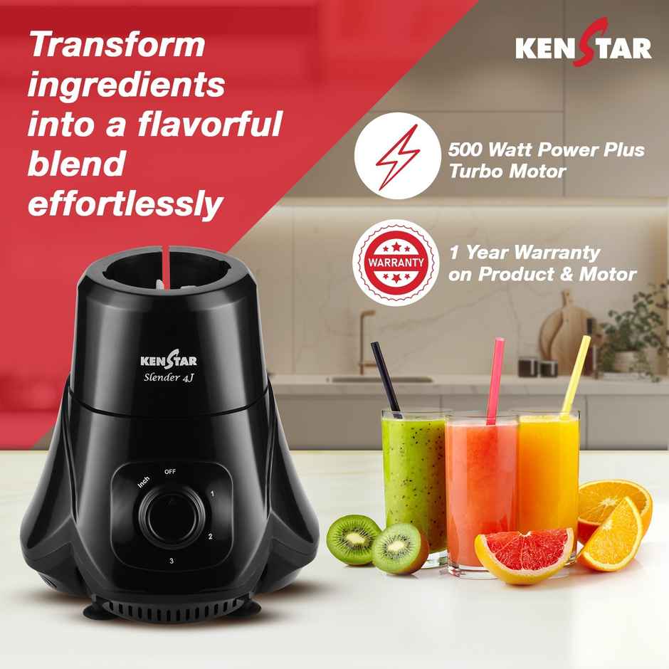 Kenstar SLENDER 4Jar Mixer Grinder 500 W|Superior Mixie For Kitchen|2-in-1 for Dry Grinding- Black