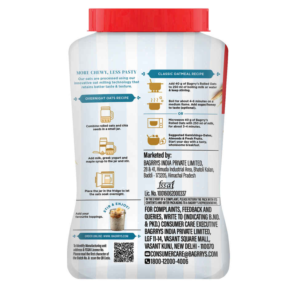 Bagrry's Rolled Oats Jar High Fibre Premium Rolled Oats Protein Rich Breakfast Cereal Wholegrain Breakfast