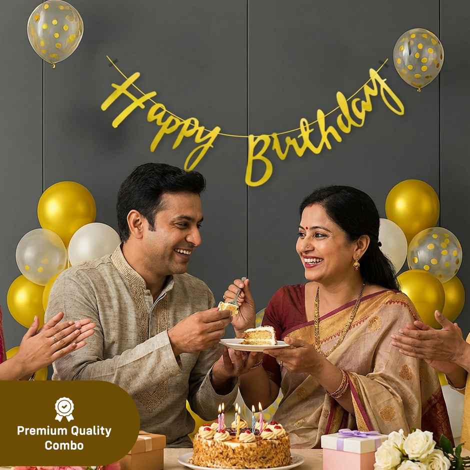 Golden Birthday Decoration Kit | Banner-Metallic Balloons-Glue Dot and More | Party Propz