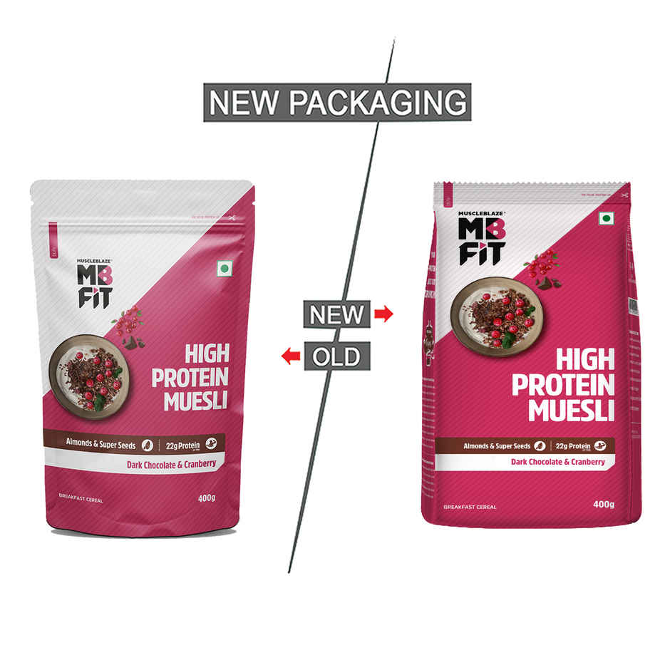 MuscleBlaze Fit High Protein Muesli (Dark Chocolate & Cranberry, 400g) | 22g Protein