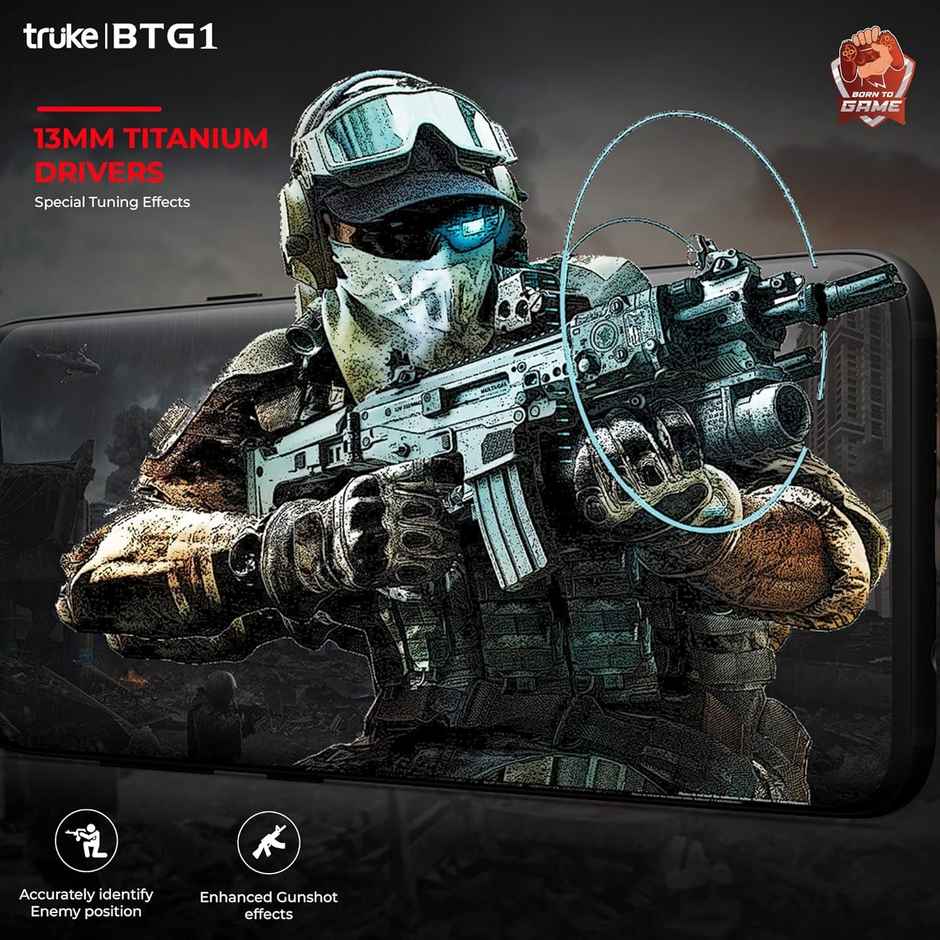 truke BTG1 Truly Wireless Bluetooth Earbuds with Game Mode, 48H Playtime, 13mm Drivers- Black