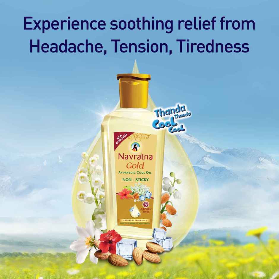 Navratna Gold Ayurvedic Cool Oil | Goodness of Almonds | Non-Sticky and Fresh Lily Fragrance