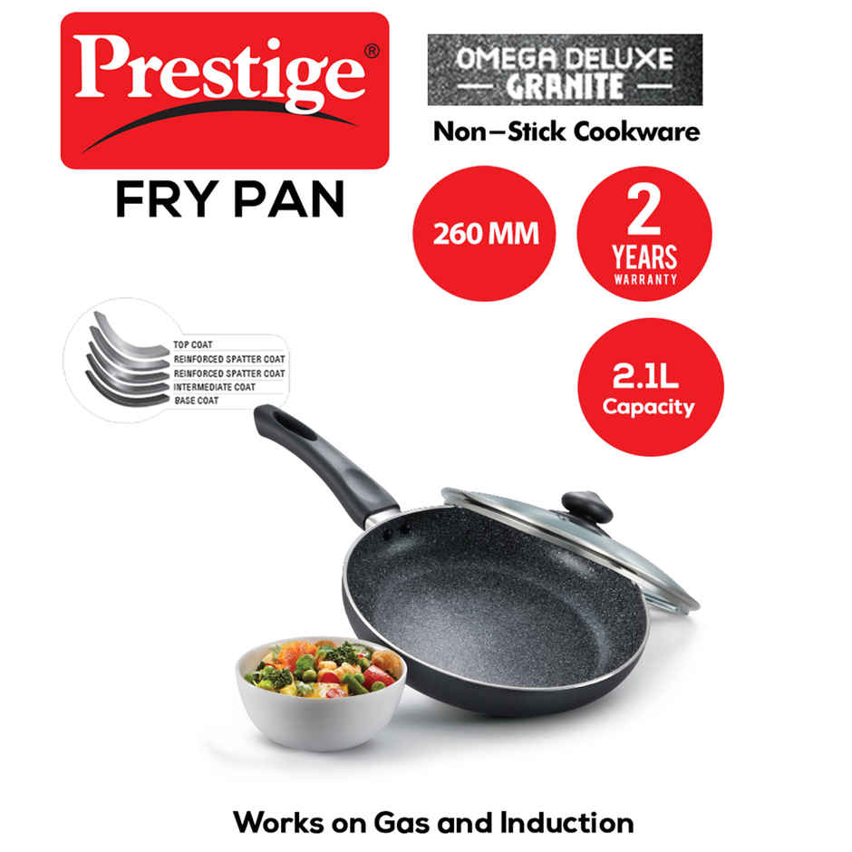 Prestige Omega Granite Fry Pan 26cm with Lid | Non Stick | Induction Base