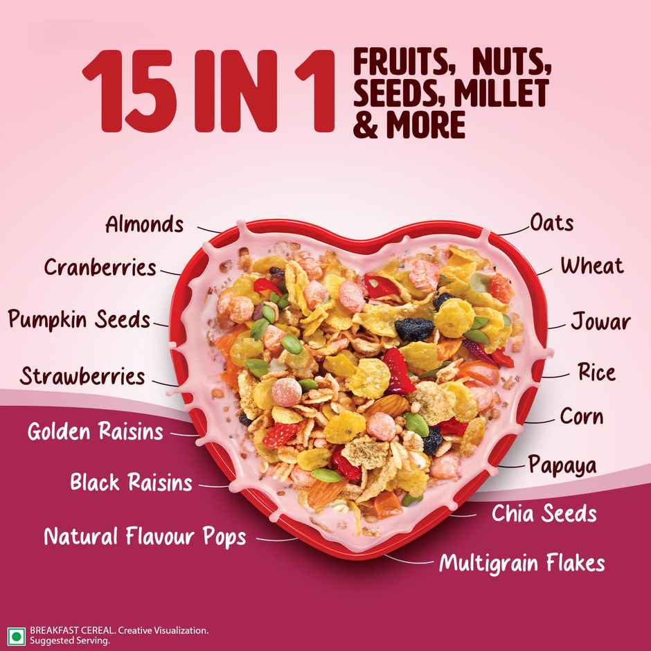 Saffola Muesli Berry Crunch With Flavour Pops, Fruits, Nuts, Seeds, Millets (15 In 1)