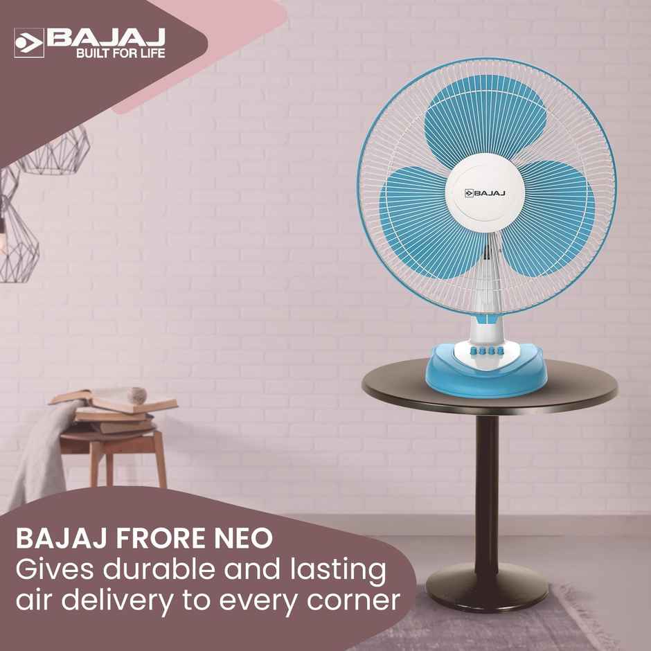 Bajaj Frore Neo Table Fan, 400mm, 3-Speed Control, 100% Copper Motor, White and Blue