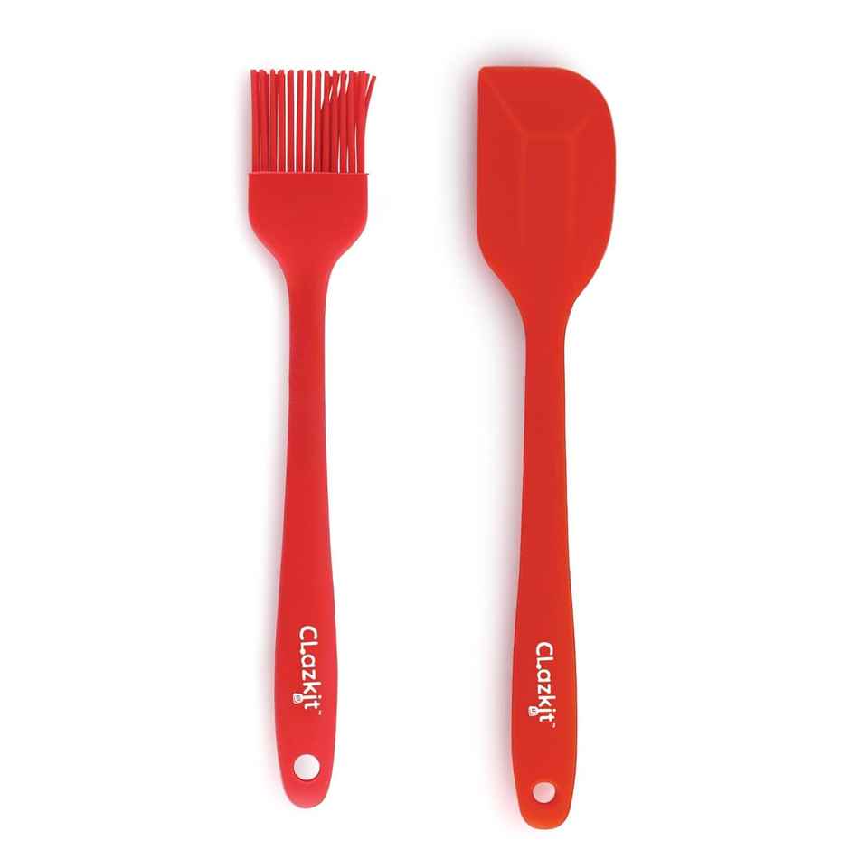 Clazkit Oil Brush for Cooking & Non-Stick Silicone Spatula (Set of 2) Baking & Mixing (RED)