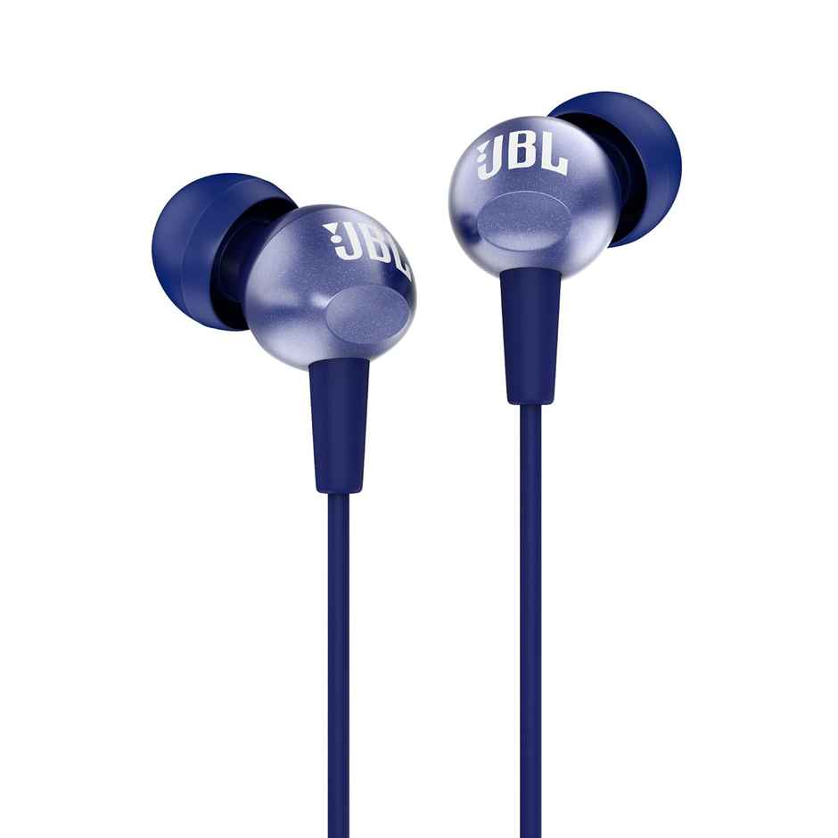 JBL C200SI, Premium in Ear Wired Earphones with Mic, 3.5mm Audio Jack, Signature Sound, One Button Multi-Function Remote, Premium Metallic Finish, Angled Earbuds for Comfort fit - Blue