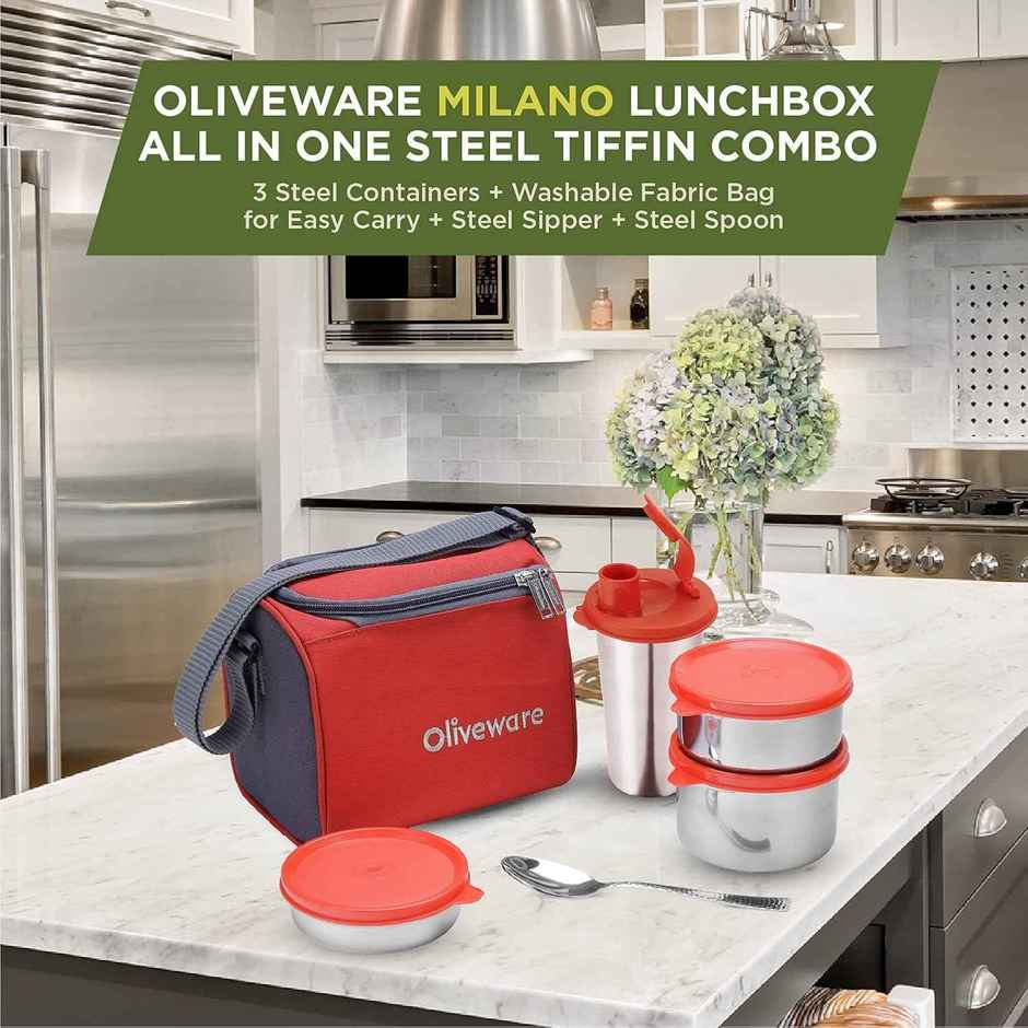 Oliveware Milano Lunch Box, 3 Stainless Steel Containers, Sipper and Steel Spoon - Red