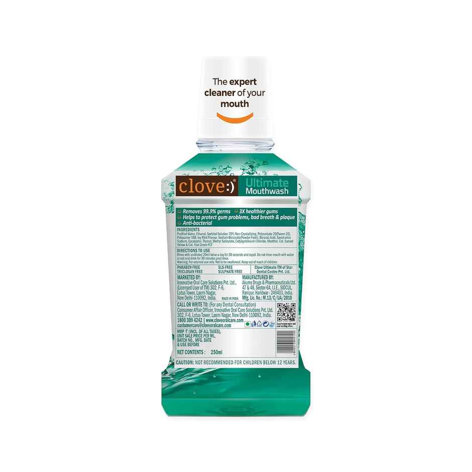 Clove Ultimate Mouthwash Antibacterial & Anti-Plaque Kills 99.9% Germs Fresh Icy Mint Flavour