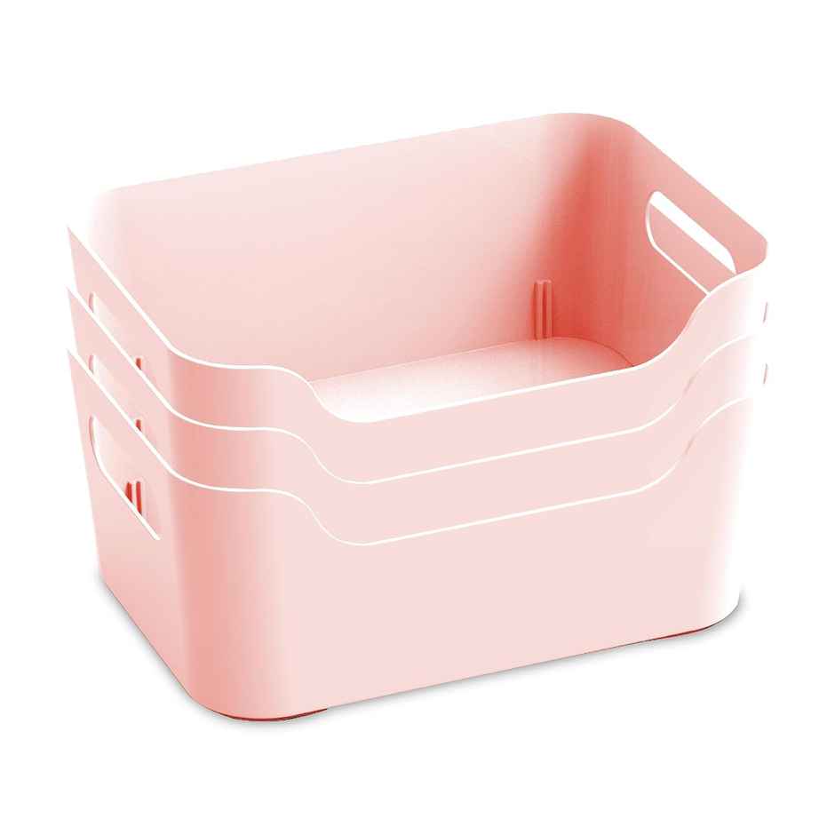 Kolorr Jolly Plastic Medium Basket With Handle For Storage Box|Pack Of 3 - Pink