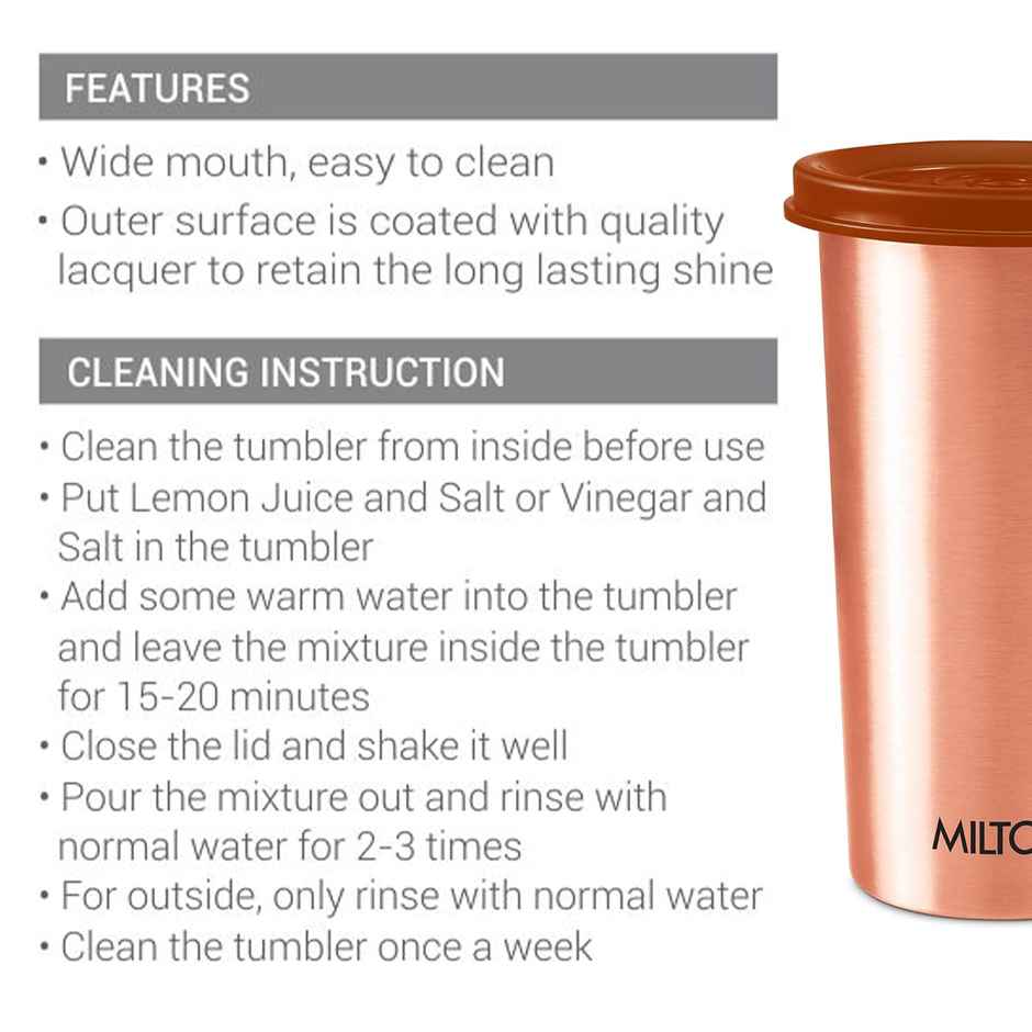 Milton Copper Tumbler With Lid | 480 ml | 100% Pure Copper | Bpa Free Water Tumbler