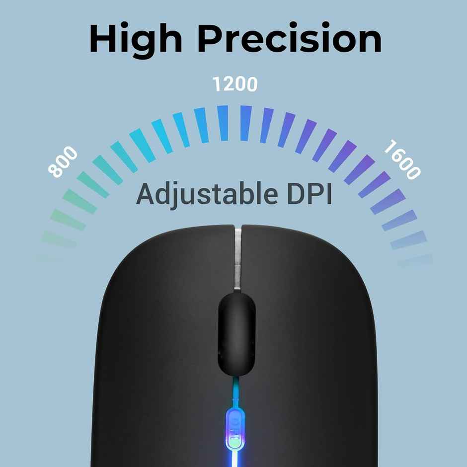 Zebronics Blanc Slim Wireless Mouse with Rechargeable Battery, BT + 2.4GHz, 4 Buttons, 800/1200/1600 DPI, Silent Operation, Multicolor LED Lights - Black