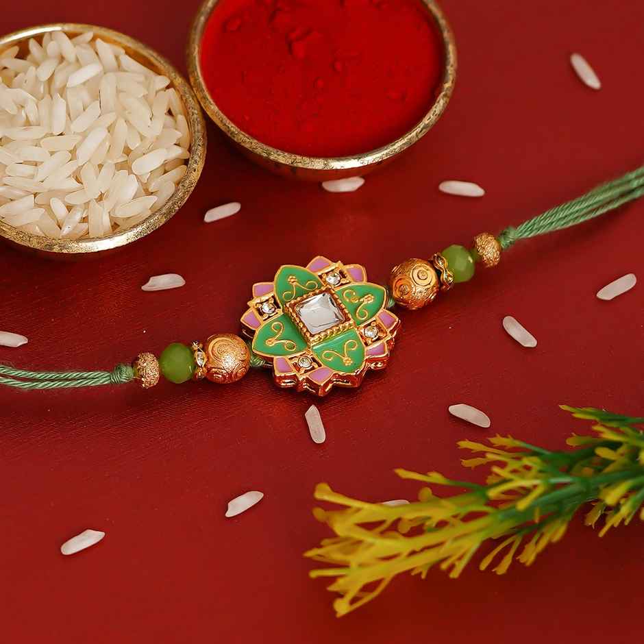 Meenakari Green, Pink & Golden Designer Rakhi for Brother & Roli Chawal Pack (eCraftIndia)