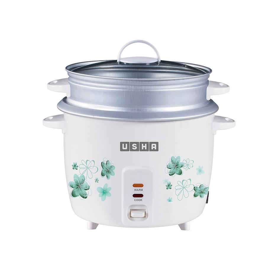 Usha Rice Cooker 1.8L (700W, Dual Bowls, Steamer Basket, Keep Warm Mode, Tempered Glass Lid, White)