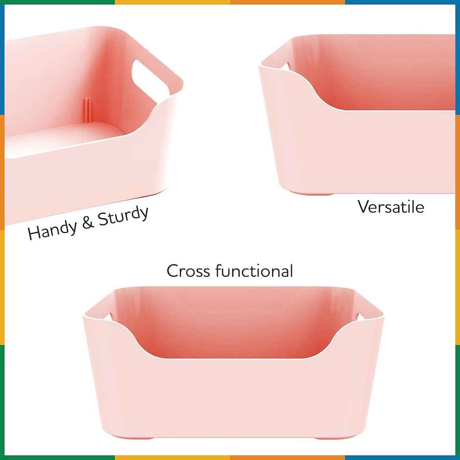 Kolorr Jolly Plastic Medium Basket With Handle For Storage Box|Pack Of 3 - Pink