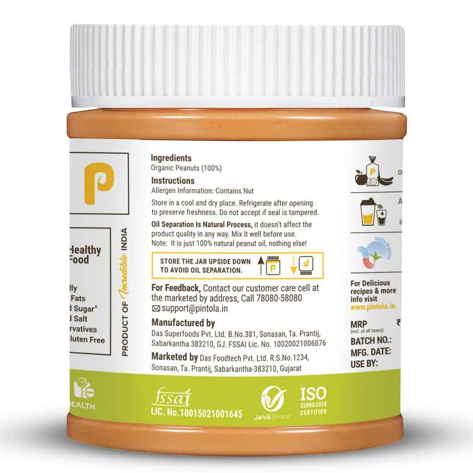 Pintola Organic Unsweetened Peanut Butter Creamy - High Protein 30G & 9G Dietary Fiber