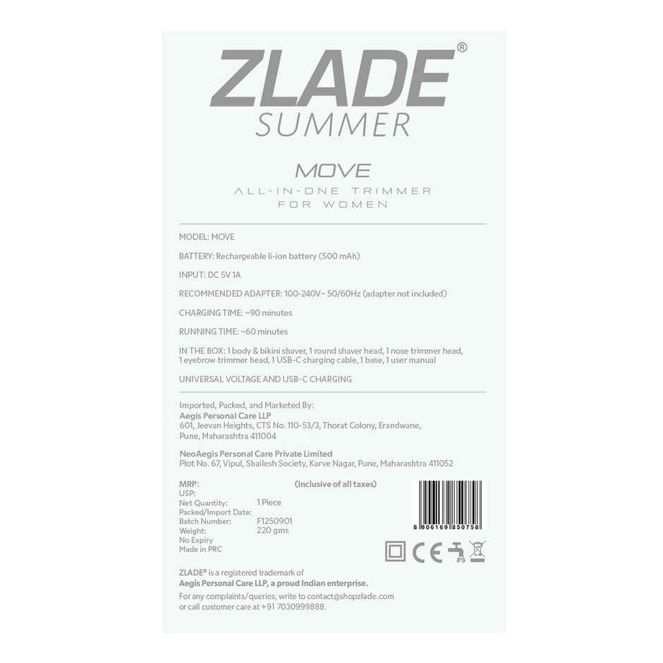 Zlade Summer Move All-in-One Trimmer for Women | Rechargeable Multigroomer