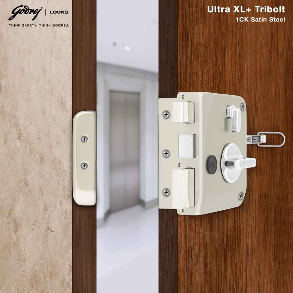 Godrej Rim Lock Tribolt Ultra XL+ 1Ck | Home Main Door | Satin Nickel Finish | 5-Year Warranty
