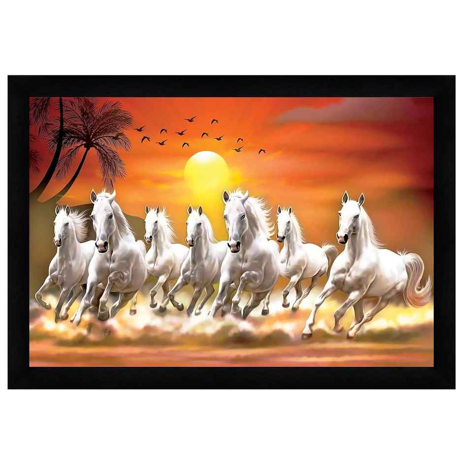Indianara Vastu Running Seven Horse Painting With Frame 20 x 14 inch - L