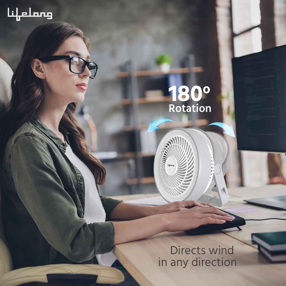Lifelong USB Portable Fan, 150mm, 5-Hr Battery Backup, 3 Speed Settings, LED Lights, Grey & White