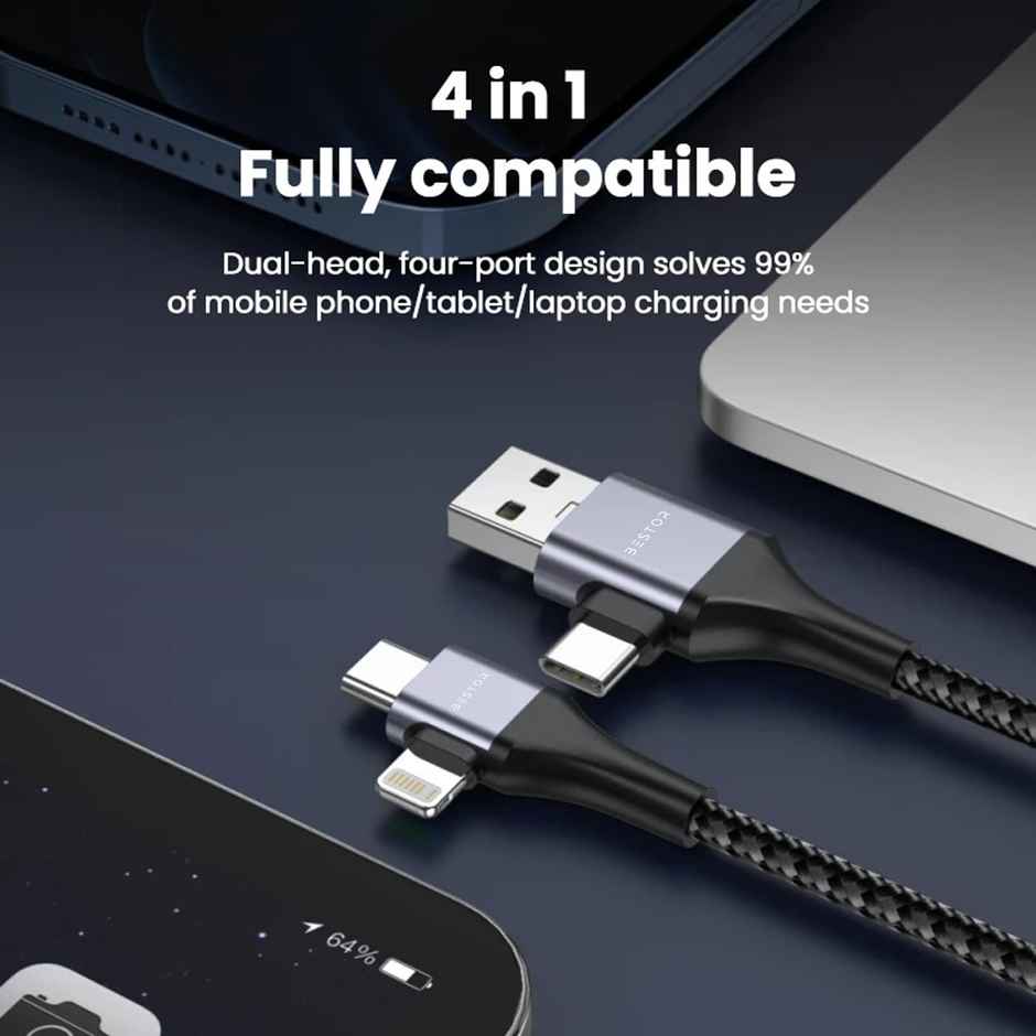 Bestor 4-In-1 60W Unbreakable Nylon Braided Fast Charging Cable With Multiport,Data Transfer(Gray)