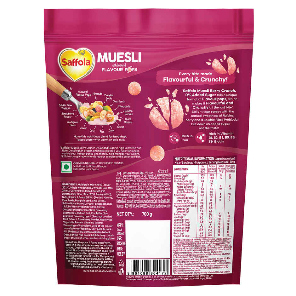 Saffola Muesli 0% Added Sugar Berry Crunch with Flavour Pops, 25% Protein & 19% Fibre of RDA
