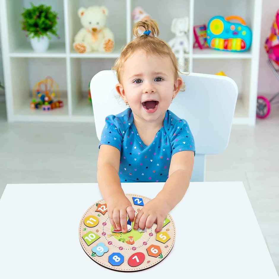Webby Wooden Toys Early Educational Game | Clock Time & Shape for kid |12 pcs, Multicolour| 3+ Year