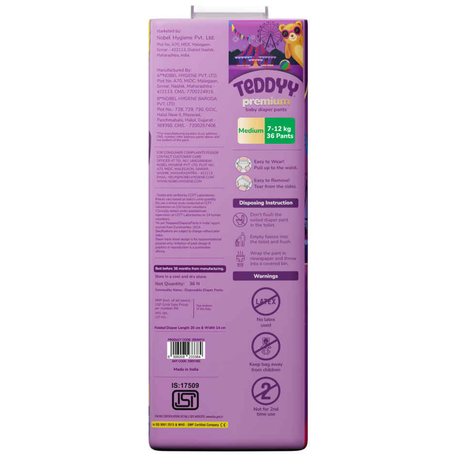 Teddyy Baby Diaper Premium Pants Medium | 7-12 kg | 36 Counts