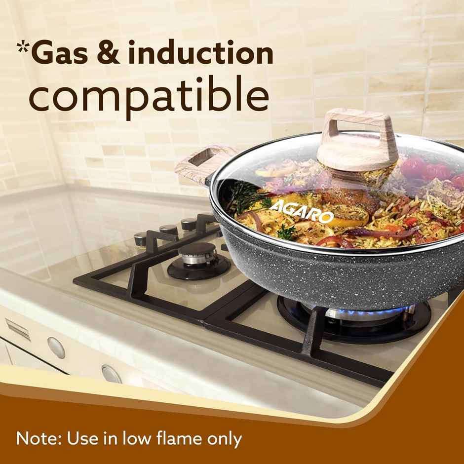 Agaro Imperial Granite Non Stick Kadai With Glass Lid, 2.8L - 24Cm, Deep Frying Pan Dark Grey