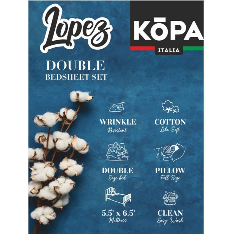 Kopa Extra Smooth Cotton Double Bedsheet With 2 Pillow Covers | Set of 3 | Lopez Checks | Blue